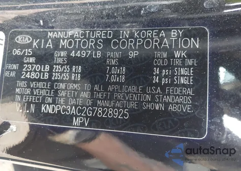 2016 Kia Sportage Ex из США, поврежденный, VIN KNDPC3AC2G7828925